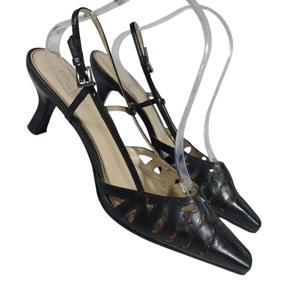 ETIENNE AIGNER! BLACK GENUINE LEATHER ULTRA POINTY TOE, CUTOUTS, HEELS! SZ 9M - Picture 1 of 10